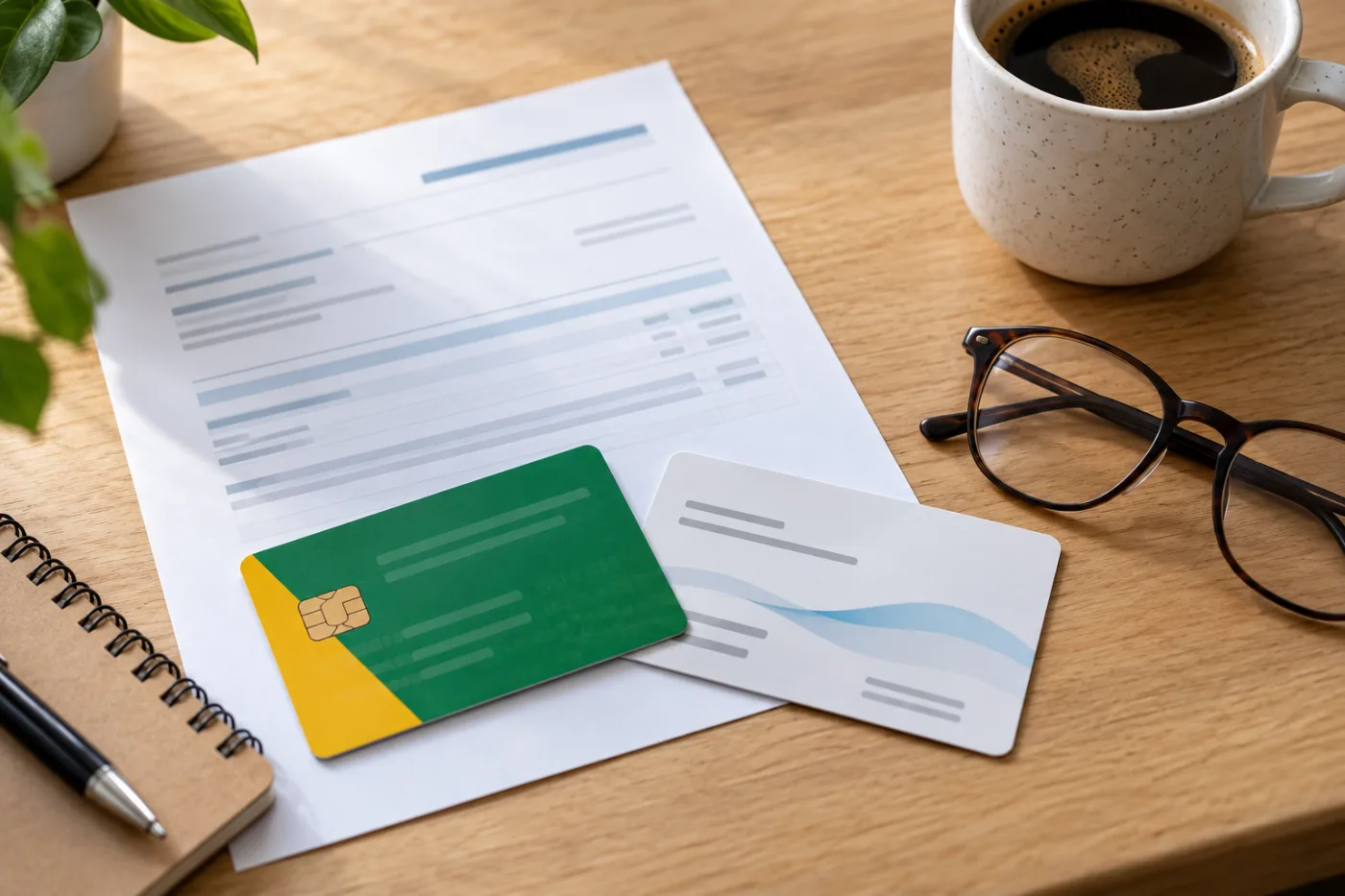 Carte Vitale posée à côté d'une attestation de mutuelle sur un bureau