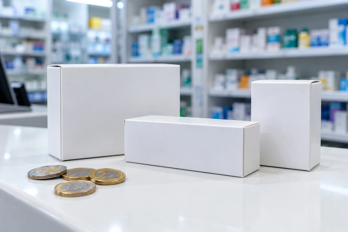 Boîtes de médicaments et pièces de monnaie posées sur un comptoir d'officine