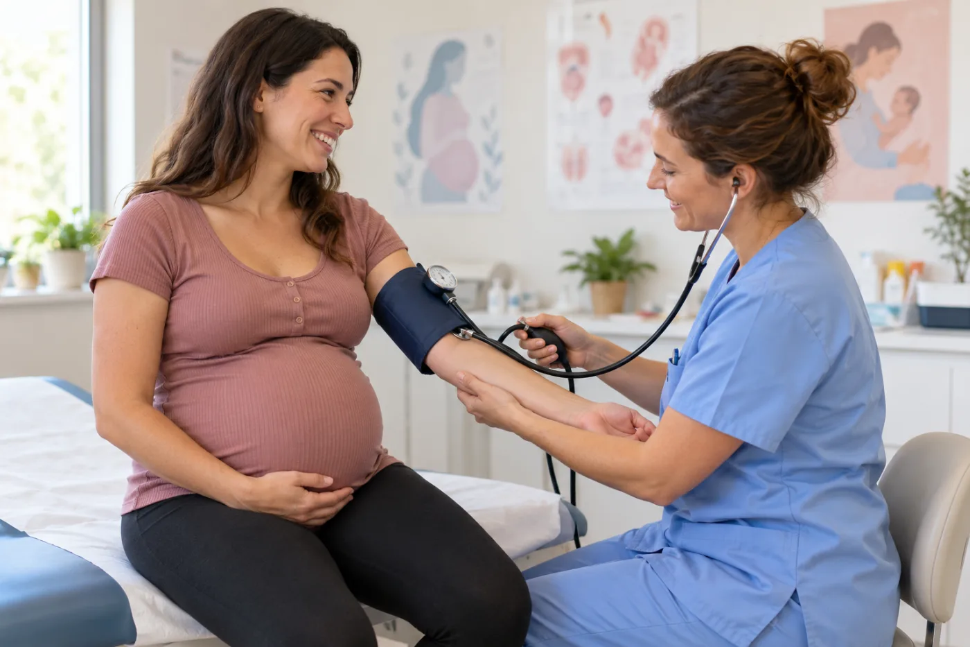 Femme enceinte en consultation de suivi de grossesse avec une sage-femme