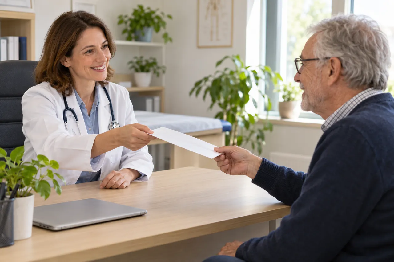 Médecin remettant une prescription de transport à un patient âgé dans son cabinet
