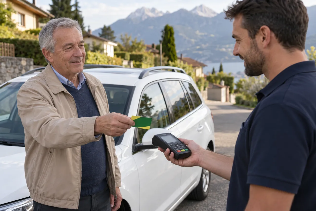 Chauffeur de taxi conventionné lisant la carte Vitale d'un patient sur un lecteur portable