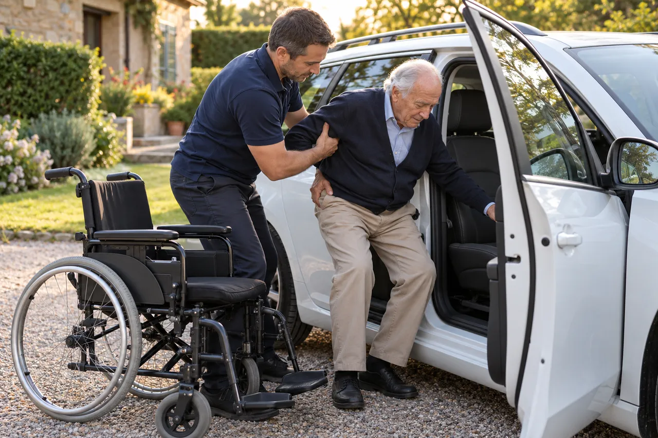 Chauffeur aidant un homme âgé à passer de son fauteuil roulant au siège passager du véhicule