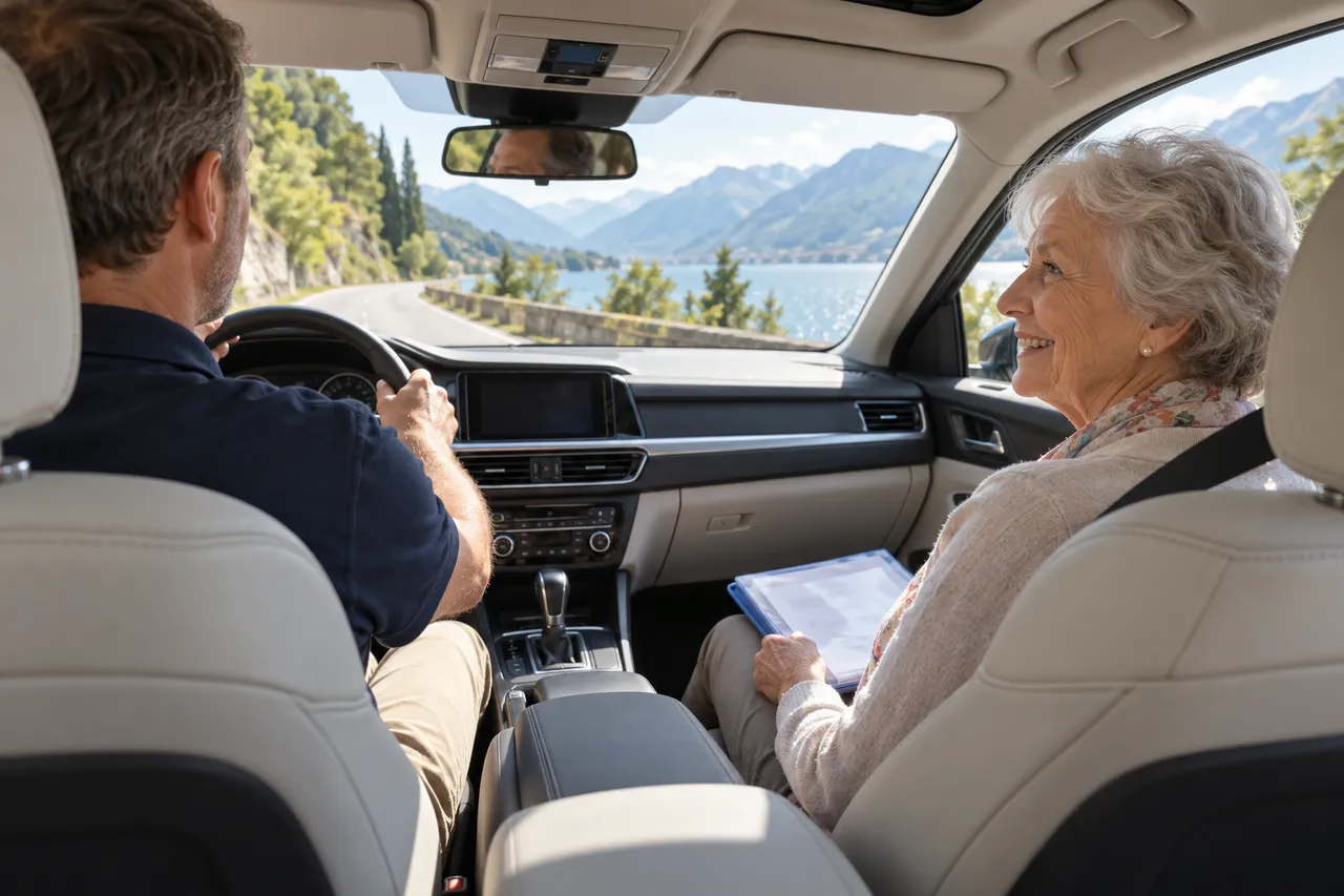 Patiente âgée assise à l'arrière d'un taxi conventionné, en route vers son rendez-vous médical